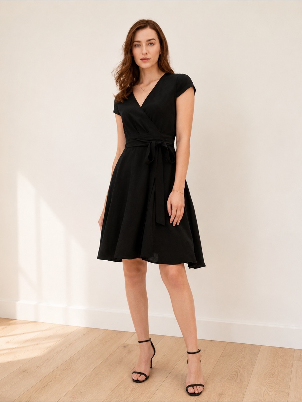 NWT 100% Mulberry Silk Crepe de Chine Wrap Midi Dress Black